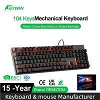Clavier de jeu mécanique OEM ODM 104 touches USB filaire avec interrupteurs LED bleus NKRO, clavier de jeu mécanique personnalisé pleine taille LED RGB