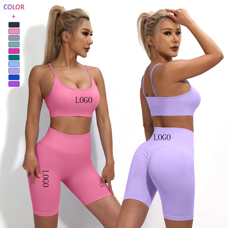 Best-Selling Custom Logo 2 Pieces Yoga Set Nylon Soft Gym Sports Wear With Adjusted Bra High Waist Shorts Seamless Workout Set