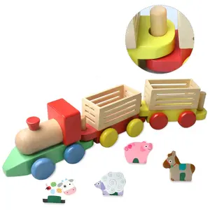 Оптовая продажа, недорогой деревянный поезд, набор из трех блоков, игрушки, строительные блоки для фермы для ребенка