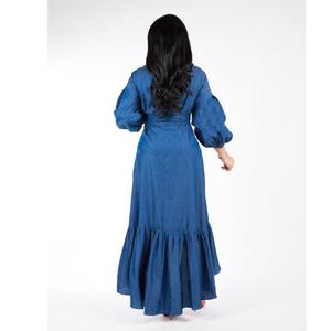 Nuevo azul mujeres nueve puntos manga una línea volante dobladillo vestido cuello en V vestido linterna manga mujer vestido EDF0617 - Product Image 6