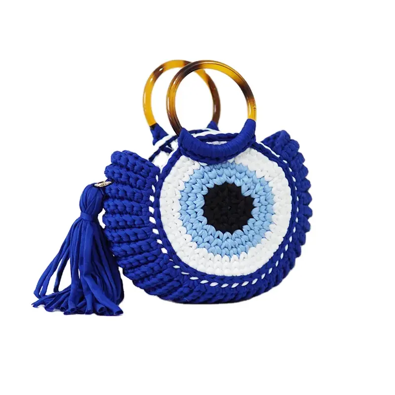 2023 fashion devil's eye women hand beach bags handmade wool crocheted bag ladies