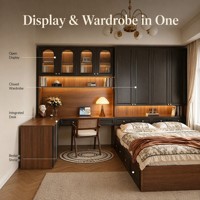 Ensemble de chambre à coucher moderne tout-en-un avec lit tatami, bureau intégré, armoire, vitrine avec bande LED
