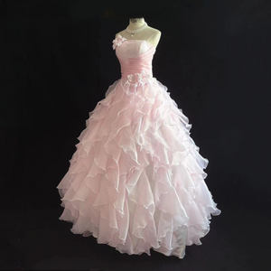 Robe de soirée vintage royale en satin rose à dentelle, manches courtes, grandes fleurs à volants, robe de mariée de bal, robe de mariée - Product Image 1