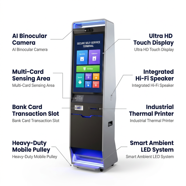 OEM ODM All-in-One Hotel Self Check-in Kiosk with Card Dispenser, Cash Coin Recycler & Ticket Printer for Lobby