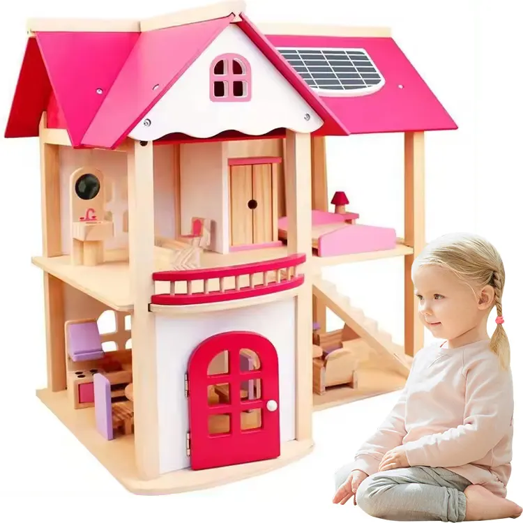 Mini muebles hechos a mano para niños, casa de juguete rosa de madera, muebles para casa de muñecas