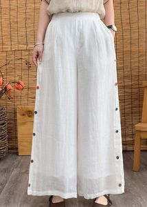 Pantalon palazzo blanc taille haute à jambes larges pour femme |   Pantalon décontracté ample en coton et lin avec boutons sur le côté - Product Image 3