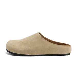 Gray <b>Suede</b> Slip-On <b>Mules</b> With Round Toe And Black Rubber Sole Comfortable <b>Flat</b> Shoes For Everyday Wear - Product Image 3