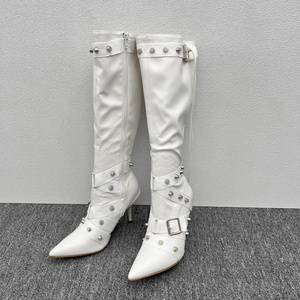 <strong>White</strong> PU Leather Buckle Tie Studded Strap High Heel <strong>Knee</strong> <strong>Boots</strong> Women Stiletto Heeled Pointed Toe High Point Heel Long <strong>Boot</strong> - Product Image 3