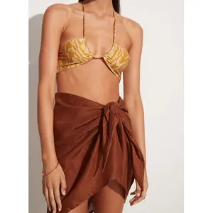 女式短纱笼沙滩包透明比基尼包雪纺泳衣沙滩包深棕色亚麻纱笼
