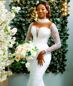 S0661Y 2026 Nuovo Abito <span class=keywords><strong>da</strong></span> <span class=keywords><strong>Sposa</strong></span> Africano a Collo Alto a Maniche Lunghe con Perle e Ricami Elaborati, Strascico Rimovibile a Due Vie, <span class=keywords><strong>Taglie</strong></span> <span class=keywords><strong>Forti</strong></span> - Product Image 2
