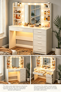 Factory Direct Wholesale Modern Vanity Desk LED Lighted Mirror Dimmable Charging Station <strong>Makeup</strong> Dressing Table Shelves 5 <strong>Drawers</strong> - Product Image 6
