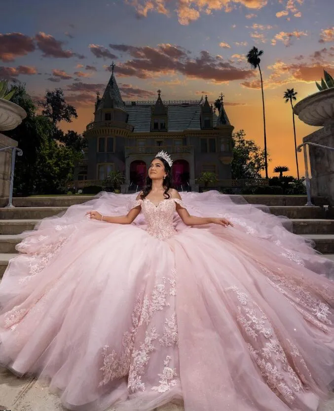 light pink princess wedding dress Light Pink Lace Floral Wedding Gown