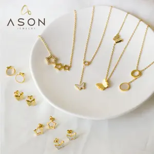 Ason Earrings and Pendants Necklace Set Wholesale Non-Tarnish Stainless Steel Gold Plated Star Butterfly Jewelry Set for Women