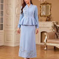 Nouvelles Tendances 2026 : Ensemble Jupe et Haut Élégant à Manches Longues en Polyester Brodé de Perles Florales, Manches Plissées, Modeste, pour Femmes Musulmanes, Idéal pour les Fêtes