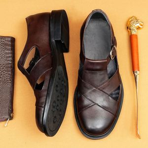 Sandales romaines pour hommes en cuir véritable respirant à bout pointu, chaussures décontractées d'extérieur pour l'automne et l'été, style plage, à lacets - Product Image 2