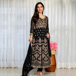 Conjunto de Salwar Kameez Anarkali Tradicional de Georgette Negro Bordado para Mujer, Traje Étnico Pakistaní para Diwali, Bodas y Fiestas de Bollywood - Product Image 1