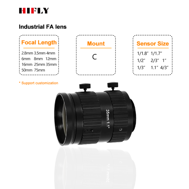 HIFLY Industrial Vision 35mm 20MP 1.1" F2.4-F16 Fixed Focus C-mount FA Camera Lens