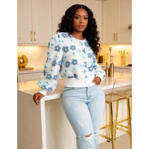 Blouson bomber court à imprimé floral pour femme, en polaire, style universitaire, boutonné, à manches bouffantes, vêtement d'extérieur - Product Image 3