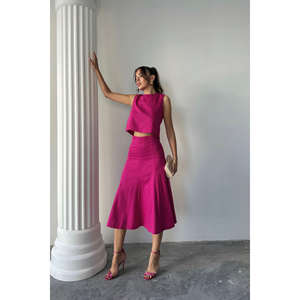 Gabardine Sleeveless Blouse & Fuchsia Two-Piece Bell <b>Skirt</b> Set Loose Fit <b>Summer</b> Shorts Set - Product Image 4