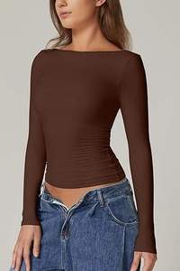 Nueva Llegada: Elegante Camiseta Blanca de Manga Larga para Mujer, Cuello Barco, Hombros Descubiertos, Corte Ajustado, Elástica, Doble Forro, Básica, a la Moda - Product Image 4