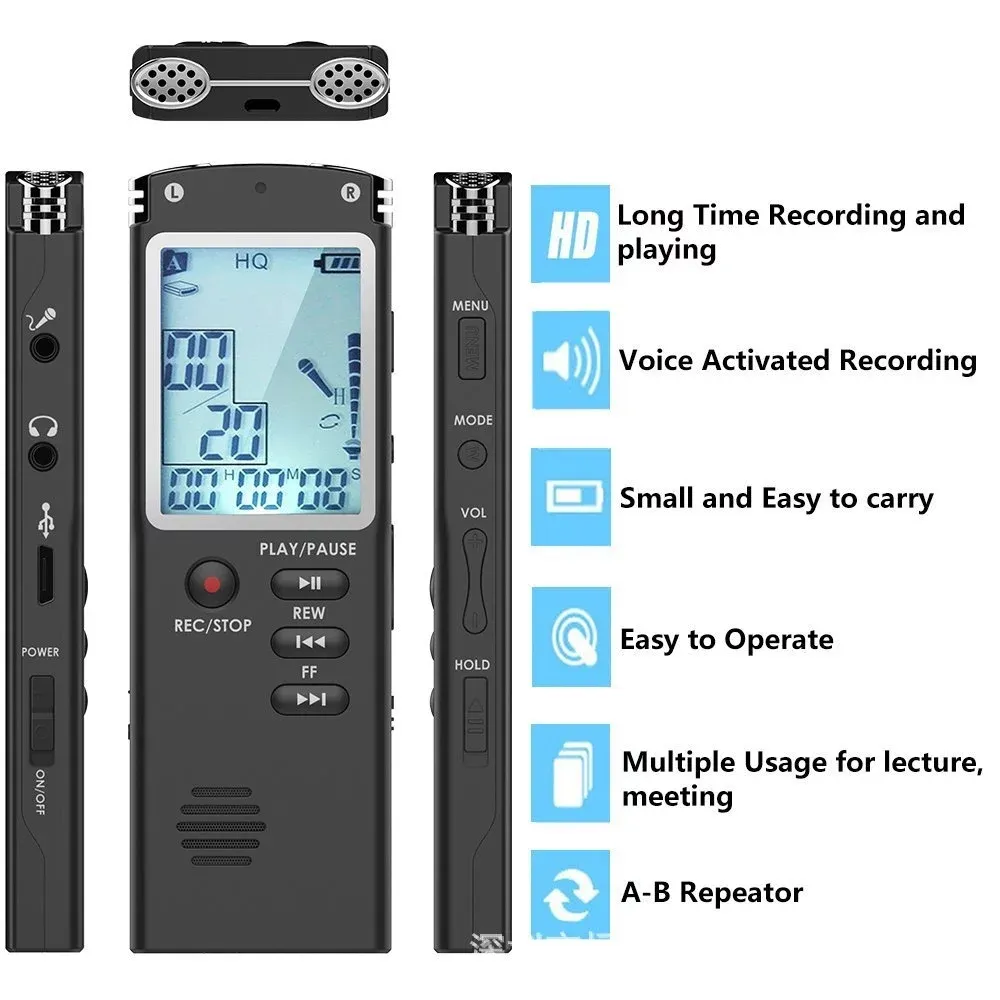 Grabadora de voz digital T60 con memoria de 16GB Grabadora de audio digital dictáfono profesional con función VOR