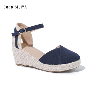 Sandalias de cuña Coco SILIYA con punta abierta, suela de paja, forro de microfibra, correa trasera, transpirables, cierre de hebilla, zapatos de mujer - Product Image 4