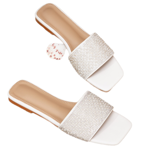 Sandalias Elegantes y Lujosas de Verano para Mujer, con Pedrería, Blancas, Planas, con Punta Cuadrada - Product Image 1