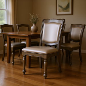 Sedia da Pranzo Classica in Legno Massello con Seduta Imbottita in Ecopelle Grigia e Gambe Tornite, Stile Antico, Arredamento per la Casa - Product Image 2