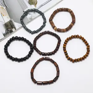 HP Vintage Style 6pcs Set Multi-layer Wooden Beaded Bracelet Pendant Fashion Jewelry Bracelets Bangles Gifts For Women Men