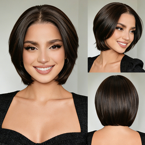 Perruque Courte Synthétique à Dentelle Frontale 6x4, Effet Superposé, Pré-Pluckée, en Fibre Résistante à la Chaleur, avec Dentelle HD - Product Image 1