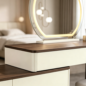 Coiffeuse moderne blanche avec miroir LED rond, meuble de rangement et tabouret pour chambre à coucher - Product Image 2