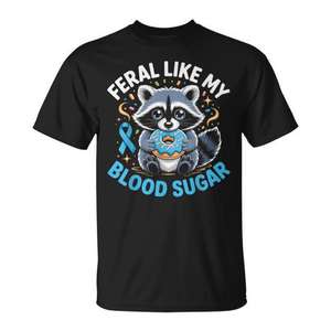 Camiseta Feral Like My Blood Sugar Raccoon Donuts para concienciación sobre la diabetes - Product Image 1