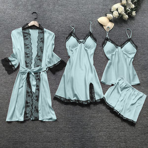 Moda seksi <span class=keywords><strong>Nighty</strong></span> 4 adet setleri pijama toptan saten şort kıyafeti kadın dantel iç çamaşırı saten pijama - Product Image 5