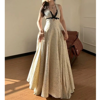 Robe de soirée longue évasée pour femme, style vintage français, sexy, à col licou, décolleté plongeant, avec empiècements en dentelle, nœud et pois, cintrée à la taille, personnalisée