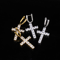 Boucles d'oreilles créoles tendance en laiton avec pendentif croix serti de zircons, bijoux pendantes micro-pavées en zircon doré et argenté