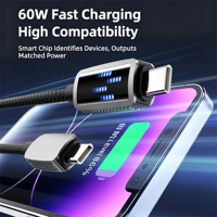 Câble de charge rapide USB-C vers USB-C 60W PD, boîtier en alliage de zinc, lumière LED fluide, pour iPhone 15/16 et appareils Type-C