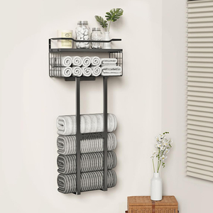 Bathroom Wall Mounted Vertical <strong>Towel</strong> Rack Bath Storage Holder Toilet Rolled <strong>Towel</strong> Shelf Organizer Rack Shelf with Storage Basket - Product Image 1