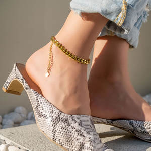 Gelang Kaki Pantai Anti-Korosi, Perhiasan Kaki Tenis, Lapisan Emas 18k, Baja Anti Karat, Tahan Air, Model Figaro, Cuban Link - Product Image 5