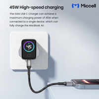 Chargeur rapide Miccell Type C 45W GaN USB C, chargeurs de téléphone avec prise UK, écran d'affichage de charge TFT, adaptateur universel haute vitesse