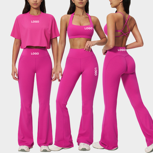Ensemble de yoga 4 pièces personnalisé avec logo – Tenue de <span class=keywords><strong>sport</strong></span> d'été respirante pour <span class=keywords><strong>femme</strong></span> : T-<span class=keywords><strong>shirt</strong></span>, leggings évasés et soutien-gorge de <span class=keywords><strong>sport</strong></span> - Product Image 1