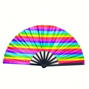 Regalos de Verano, Abanicos Plegables de Plástico Satinado Personalizados de 33 cm con Diseño de Música Rave Arcoíris y Logotipo Personalizado - Product Image 1
