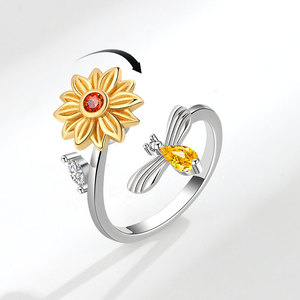 Geometric Colorful Cubic Zirconia Rotating Sunflower Open <b>Adjustable</b> <b>Rings</b> Copper Gold Plated Women Stress Relief Daisy Jewelry - Product Image 1