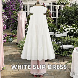 Solid White Color Spaghetti Strap Casual Summer Dress for Women Waist Hollow Midi Length Natural Waistline Collarless <strong>Long</strong> <strong>Slip</strong> - Product Image 3