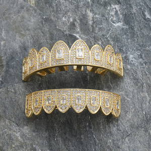 G023 <span class=keywords><strong>Grilz</strong></span> plaqué or/argent avec zircon carré, 8 dents supérieures et 8 dents inférieures, bijoux Hip Hop pour homme, cadeau - Product Image 5