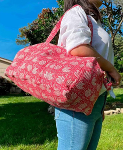 <b>Large</b> Cotton Casual <b>Weekender</b> Travel <b>Bag</b> <b>Women</b> Handmade Quilted Fabric Duffle Block Printed Floral Lightweight Portable - Product Image 1