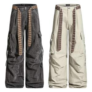 Pantalon utilitaire vintage en toile à carreaux, unisexe, multi-poches, texturé, coupe décontractée, jambe large, 100% coton, style urbain et workwear - Product Image 5