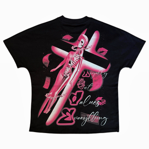 T-shirts graphiques décontractés vintage américains à imprimé large et strass, noirs et roses, pour hommes et femmes, personnalisés et surdimensionnés - Product Image 4