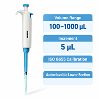 Pipette ergonomique en plastique monocanal à volume réglable par déplacement d'air, calibrée selon la norme ISO 8655, pour usage en laboratoire, modèle Qpette