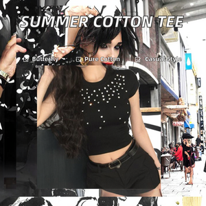 Camiseta de Verano para Mujer, Estilo Americano, Tejida en Algodón y Poliamida, Anti-Pilling, Manga Corta Tipo Mariposa, Corte Regular - Product Image 2