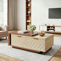 Table basse multifonctionnelle extensible moderne et minimaliste pour salon, à deux tons, avec tiroirs de rangement cachés, en bois, rectangulaire